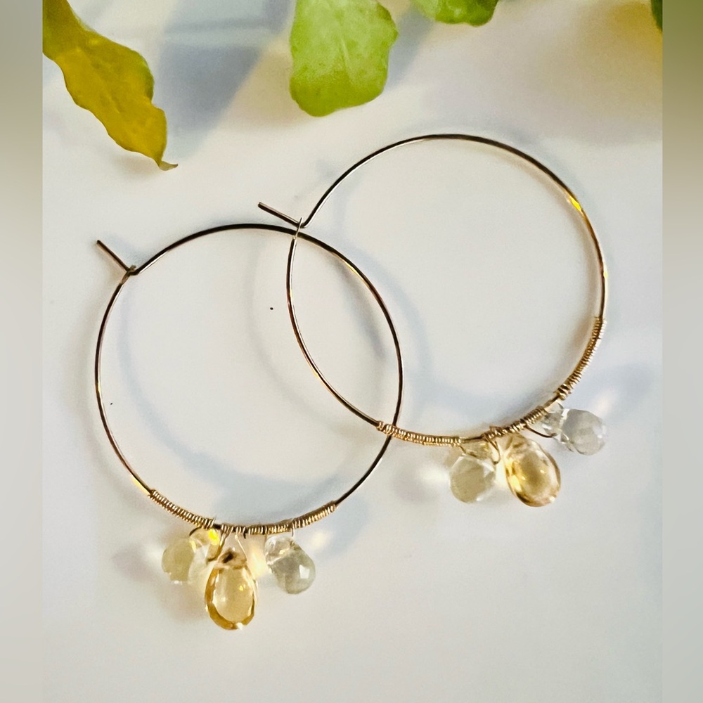 Anthropologie Gold Hoop Earrings with Citrine Stone Drops